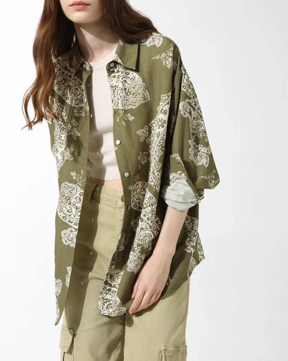 Green Printed Oversized Co-ord Set Shirt