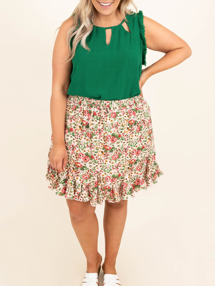 Floral Pattern Wooden Ear Edge Half Skirt