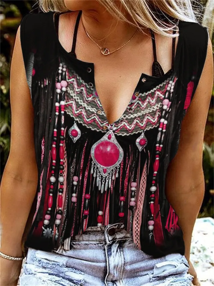 Western Turquoise Leather Art Notch Neck Tank Top