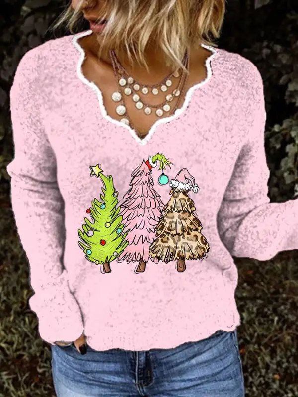 Women's Christmas Tree Print Casual Lace V-Neck Top