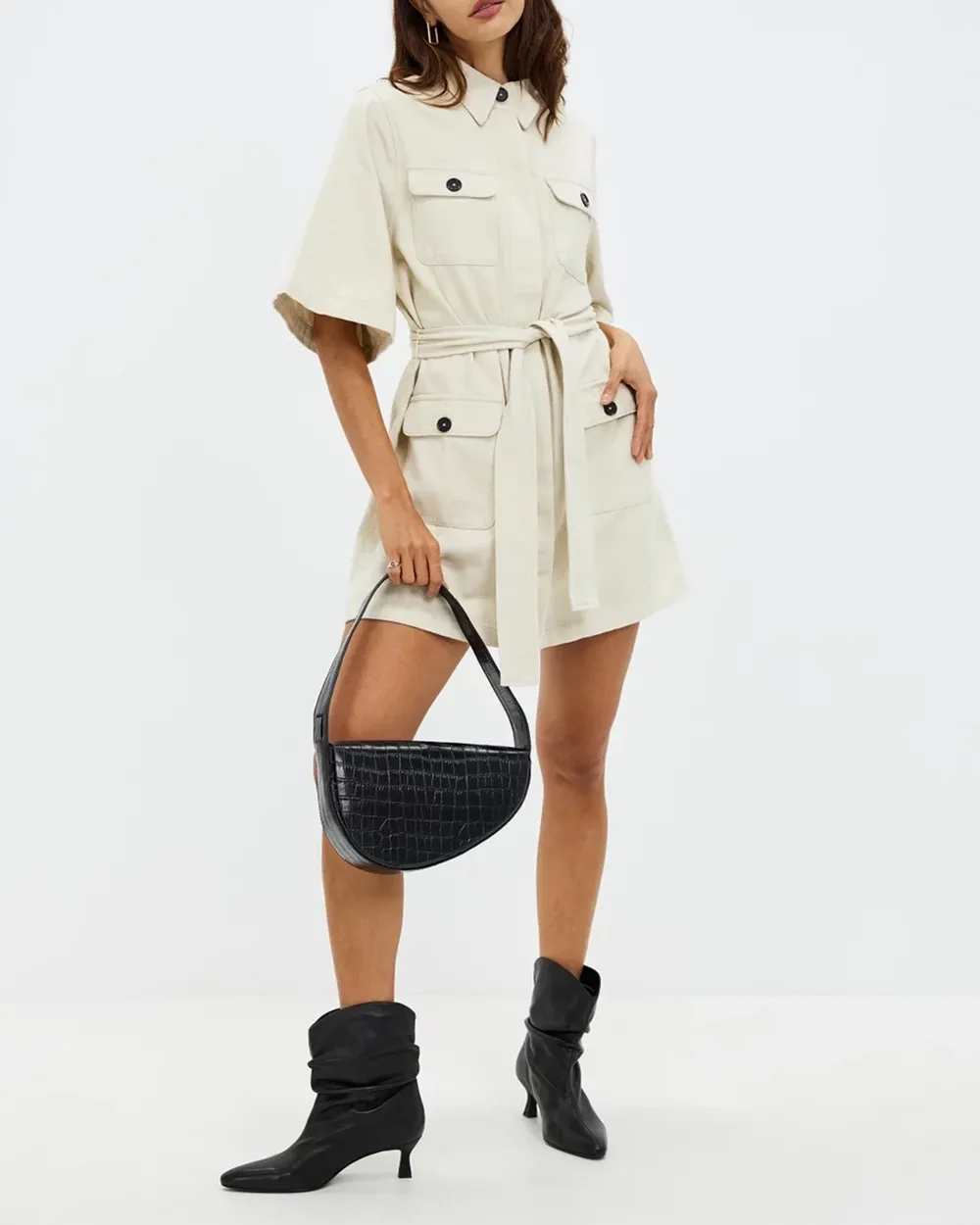 Cotton Wide Sleeve Twill Shirt Dress