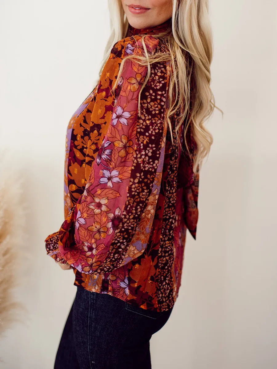 High neck autumn floral pattern shirt