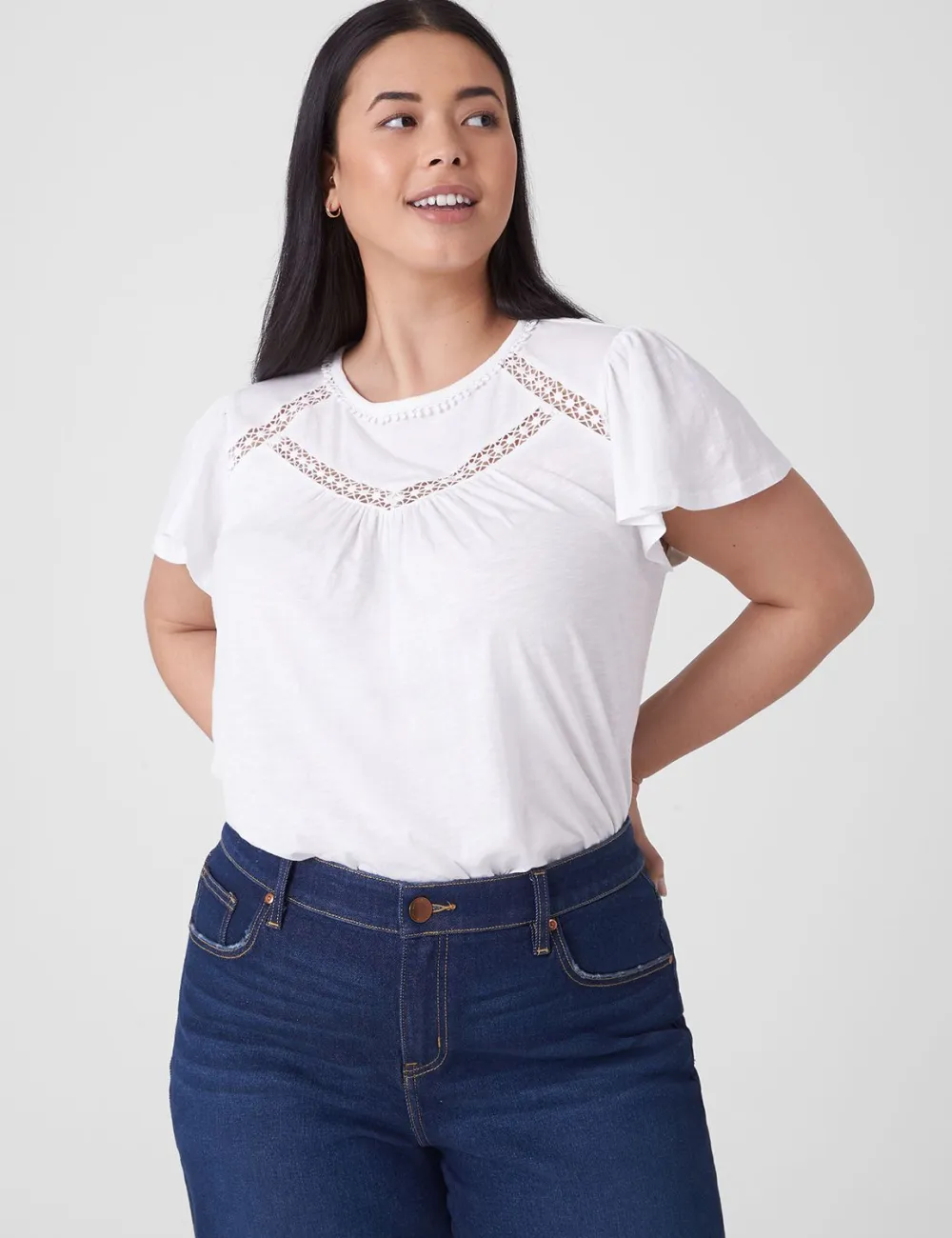 Swing High-Neck Lace-Trim Tee