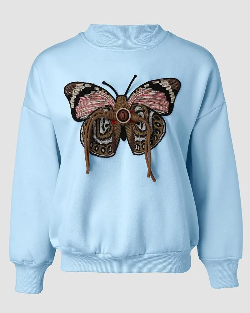 Butterfly Pattern Fleece Lined Sweatshirt Long Sleeve Crewneck Casual Loose Vintage Pullover Tops