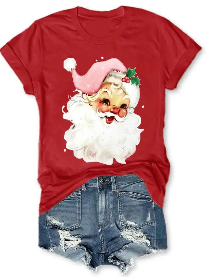 Christmas Retro Pink Santa Print T-Shirt