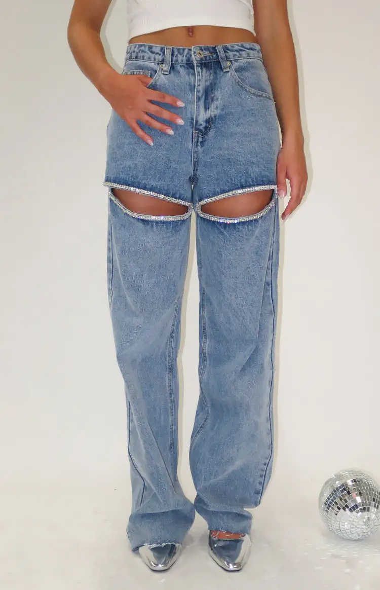 Gem Diamante Trim Wide Leg Denim Jeans