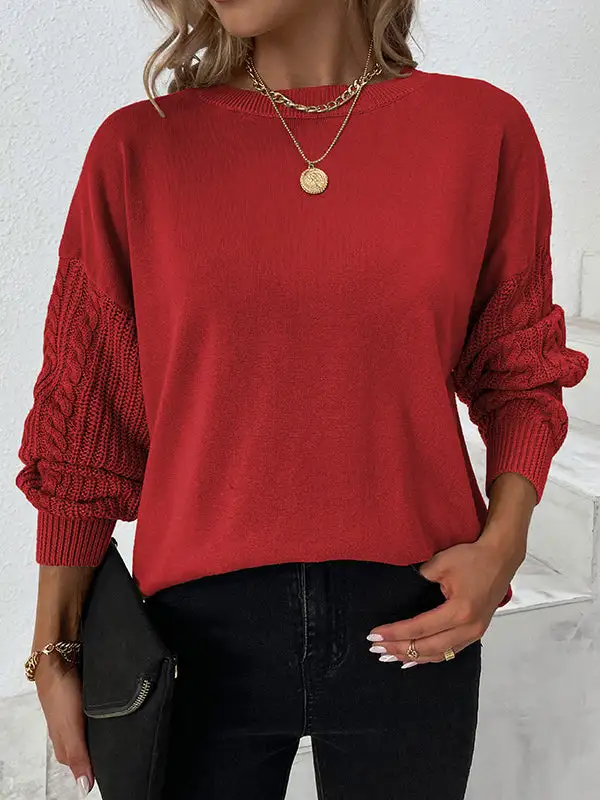 Knitted Twist Long Sleeves Solid Color Round-Neck Sweater Tops