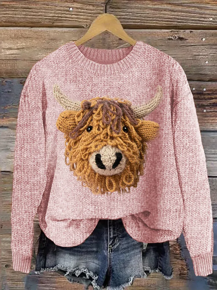 Highland Cow Casual Cozy Knit Sweater