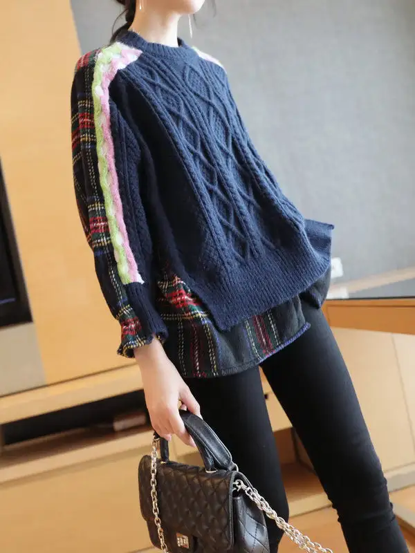 False Two Pullover Plaid Knitwear Splicing Sweater