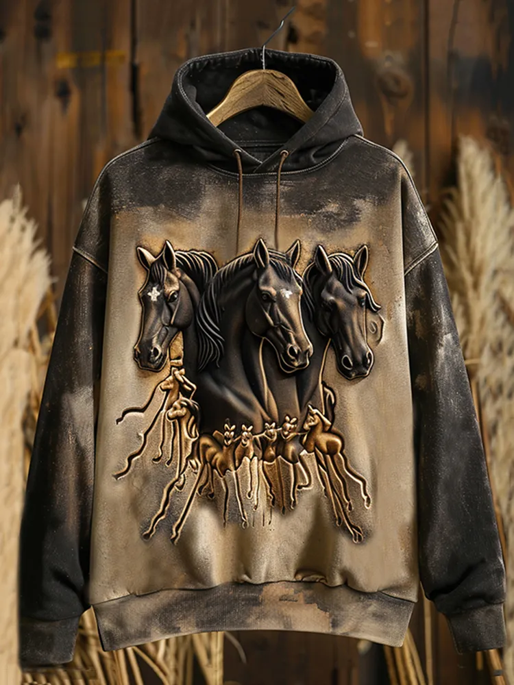 Western Horse Print Casual Long Sleeve Hoodie