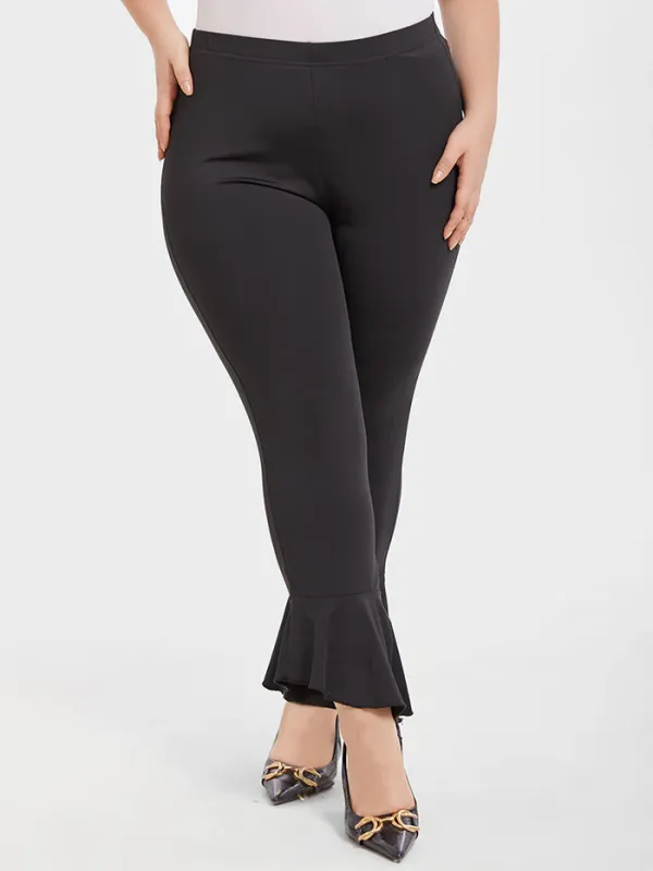 Solid Elastic Waist Flare Leg Pants