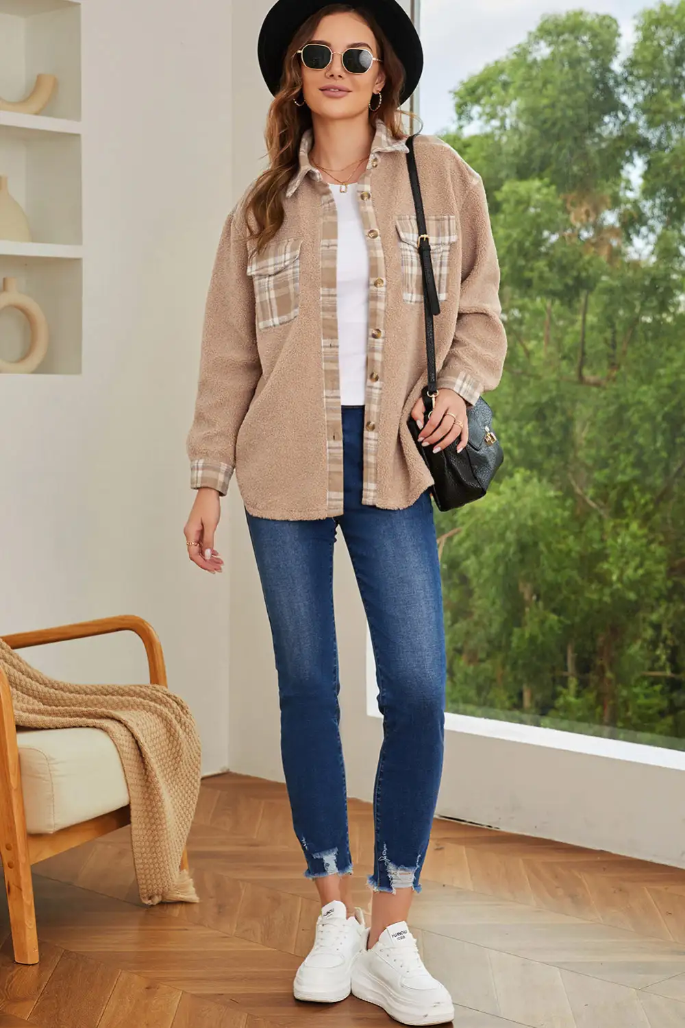 Apricot Plaid Patchwork Buttoned Sherpa Shirt Jacket