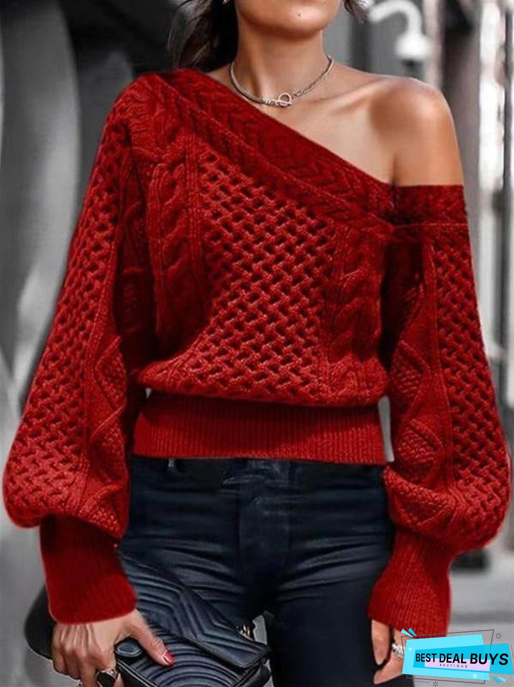 Pullover Inclined Shoulder New O-Neck One-Shoulder Knitted Sweater