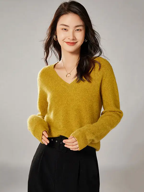 Simple 6 Colors V-Neck Long Sleeves Wool Knitting Sweater