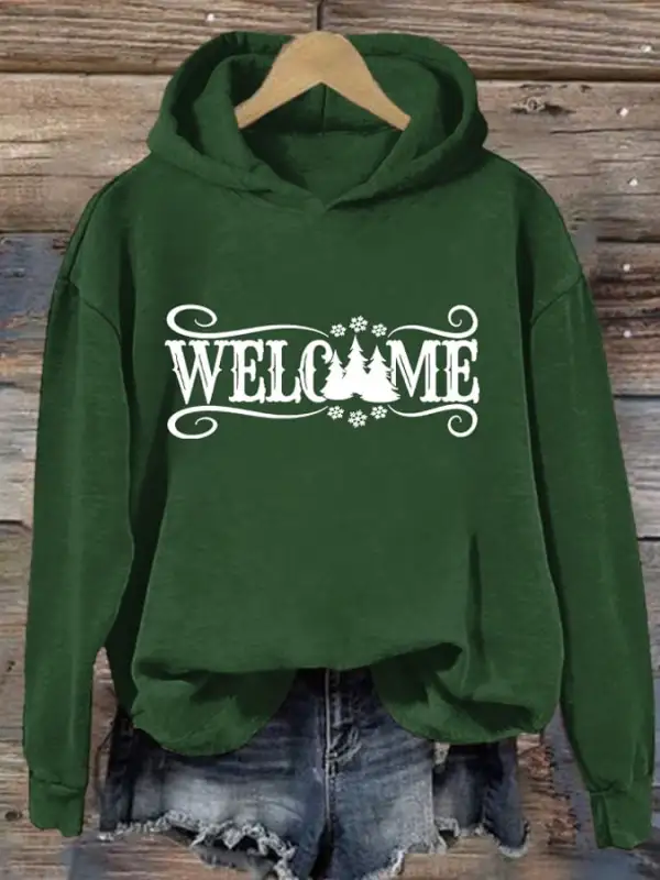 Women's Welcome Christmas Print Long Sleeve Hoodie