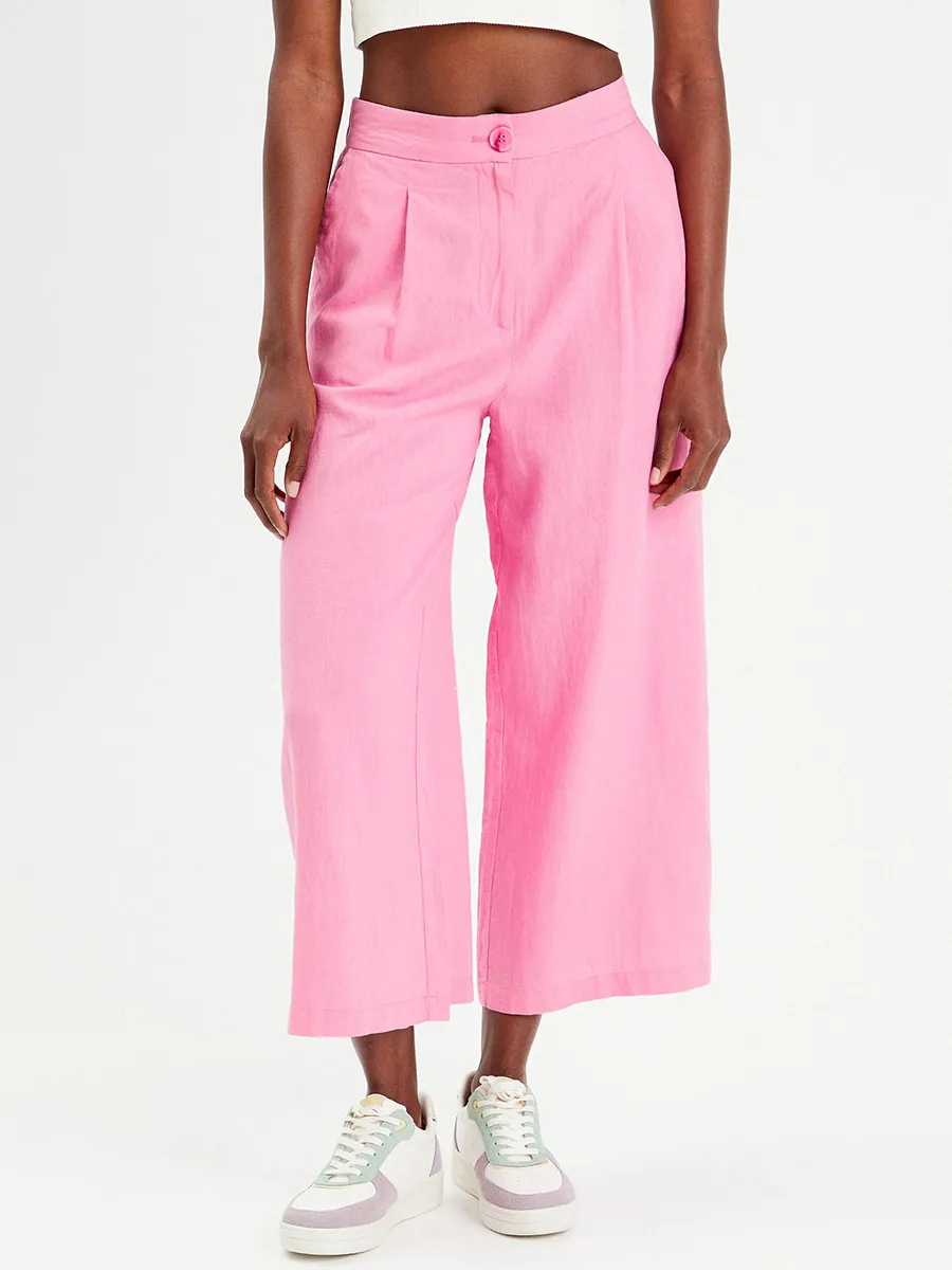 Pantalon large 55% de lin avec pinces rose femme