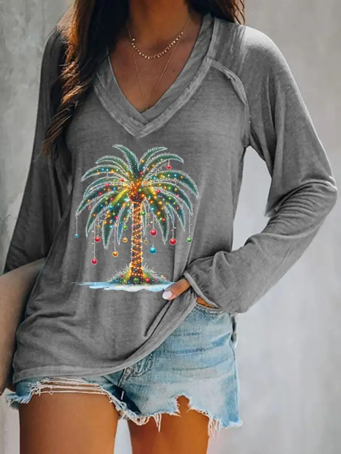 Women's Christmas Palm Tree Print V-Neck Casual T-Shirt