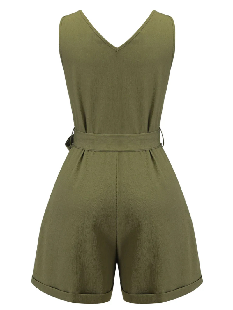 ARMY GREEN 1950S V-NECK BUTTON WAIST TIE ROMPER