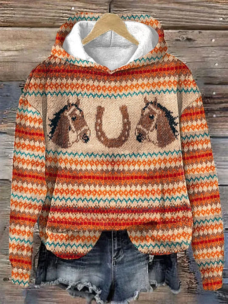 Western Horse Knit Art Print Cotton Cozy Hoodie