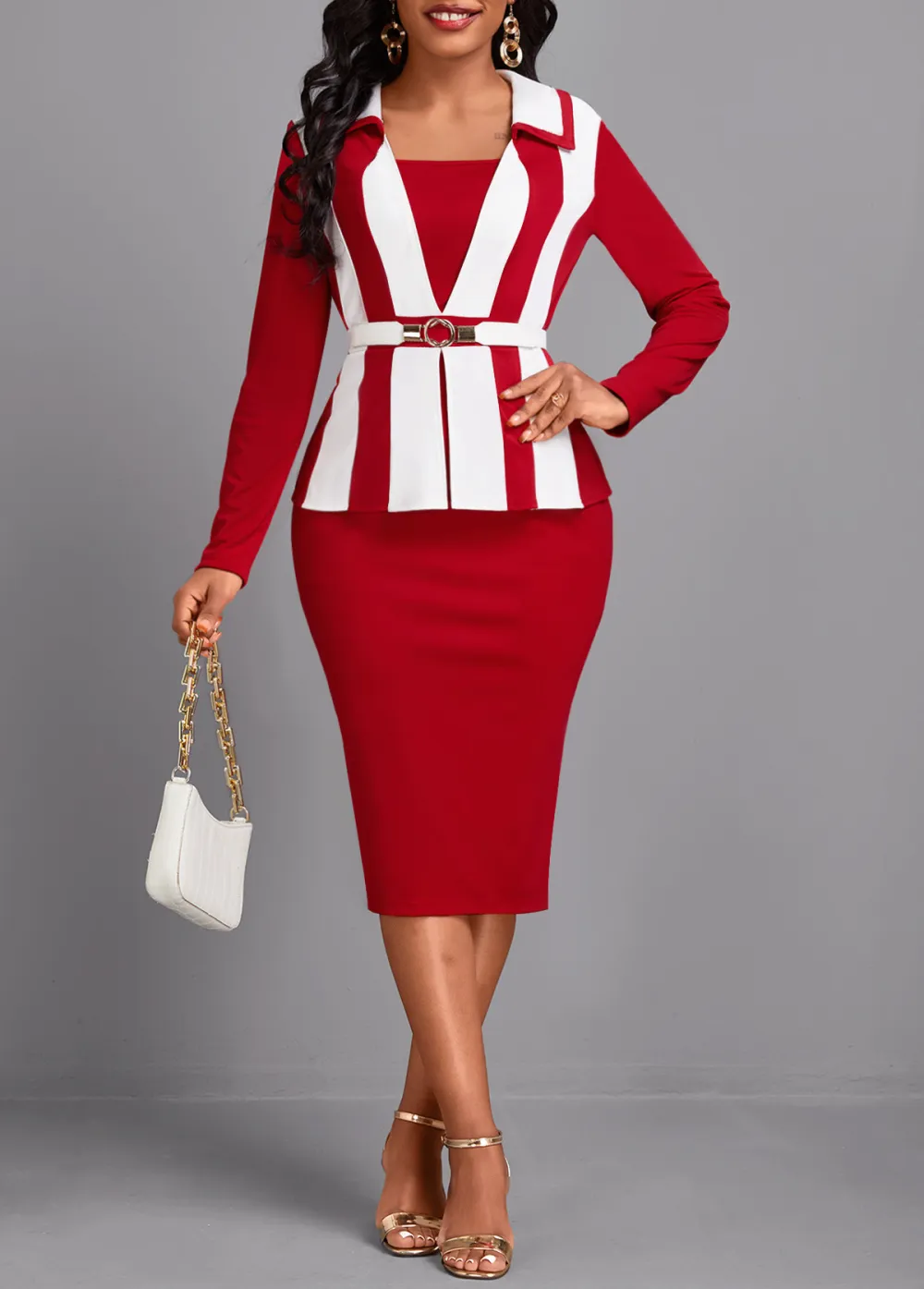 Patchwork Wine Red Long Sleeve Square Neck Bodycon Dress