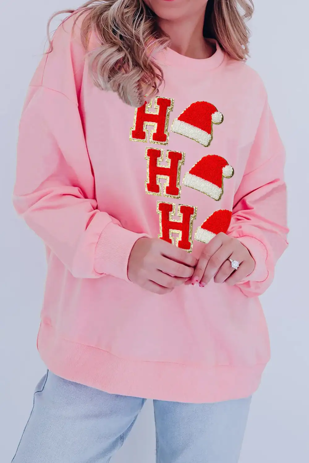 Light Pink Sequin Christmas Hat HO HO HO Graphic Pullover Sweatshirt