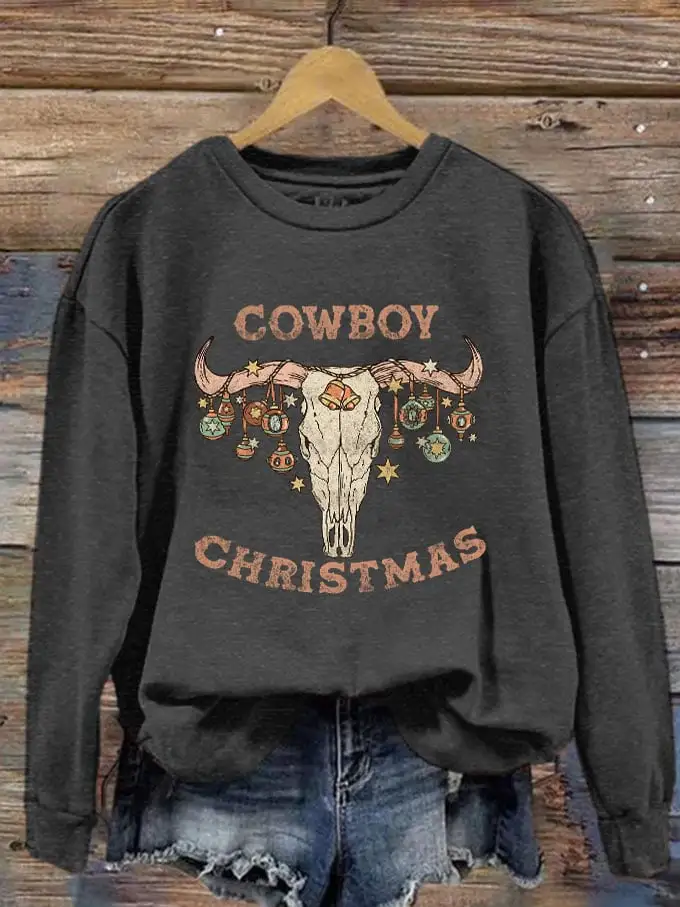 Women's Cowboy Christmas Bull Head Printed Sweatshirt