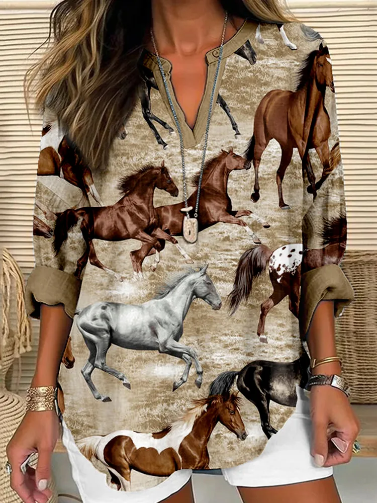 Wild Horses Running Pattern Linen Blend Shirt