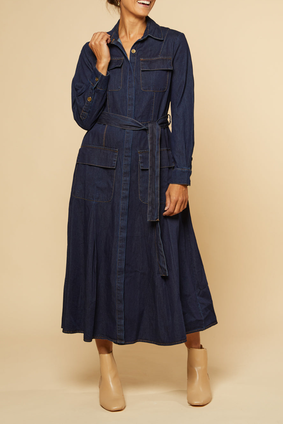 River Chambray Pocket Dress in Dark Wash