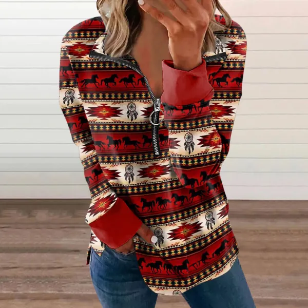 Western Print V-Neck Long Sleeve Sweatshirt