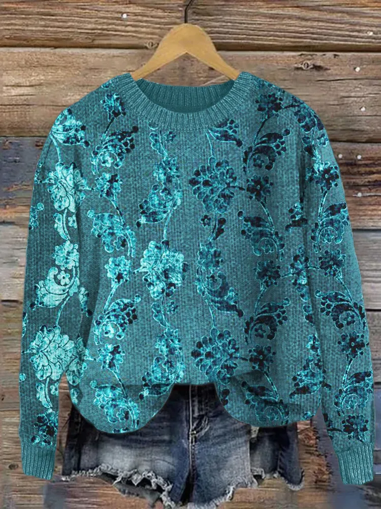 Turquoise Floral Velvet Art Cozy Knit Sweater