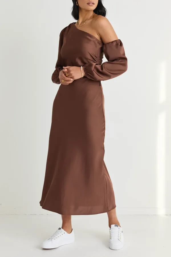 Mythical Chocolate Satin One Shoulder LS Midi Dress