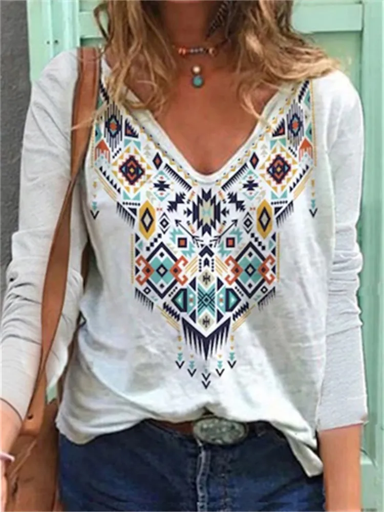 Ethnic Aztec Inspired V Neck T Shirt