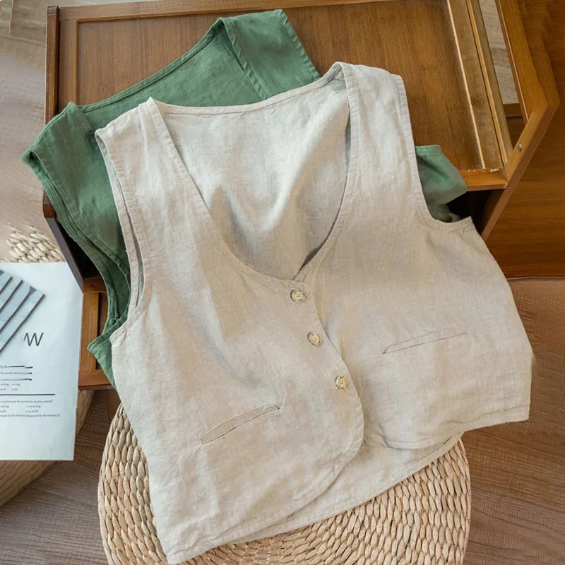 Literary and retro cotton and linen vest with top