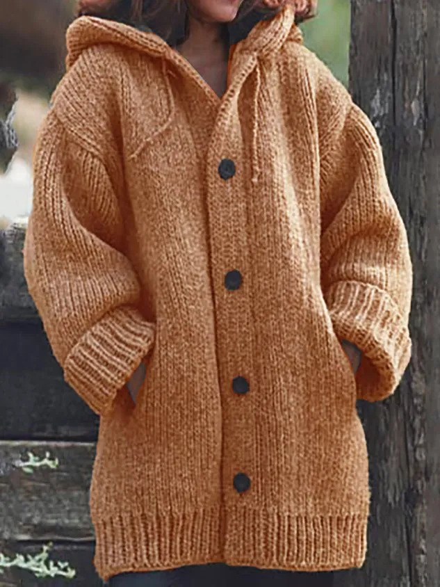 Button Down Hooded Knitted Cardigan Knit coat For Women