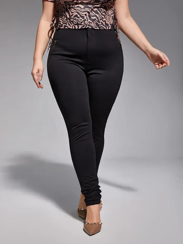 Plus Black Zipper Elastic Waist Skinny Pants