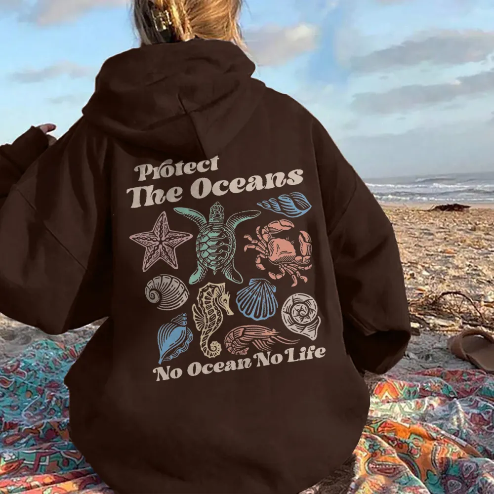 NO OCEAN NO LIFE PATTERN PRINTED HOODIE