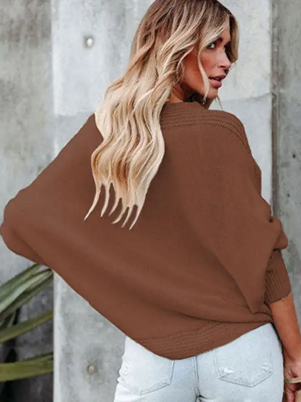 Loose Batwing Sleeves Twist Solid Color V-Neck Sweater Tops