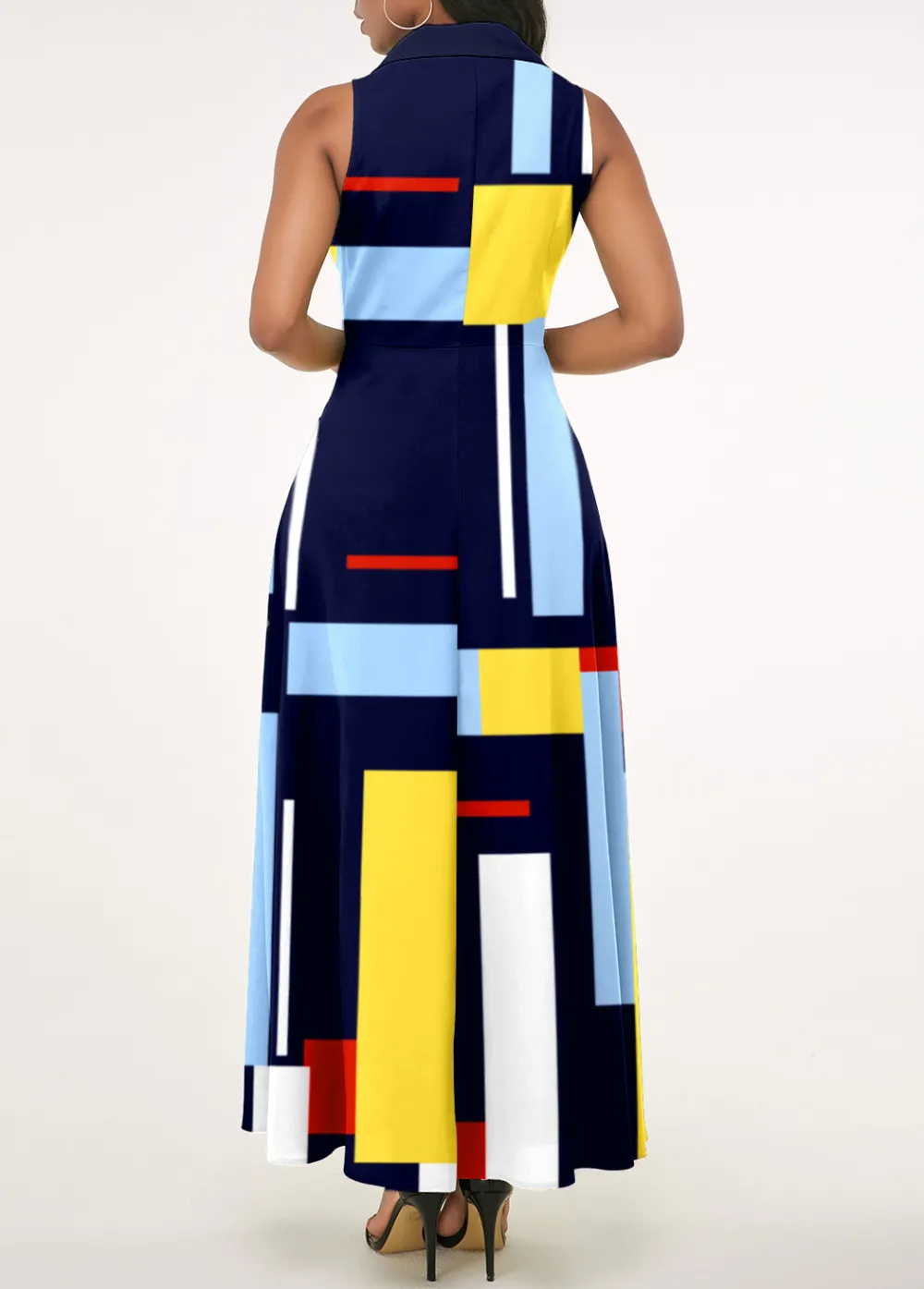 Navy Blue Notch Collar Geometric Print Dress