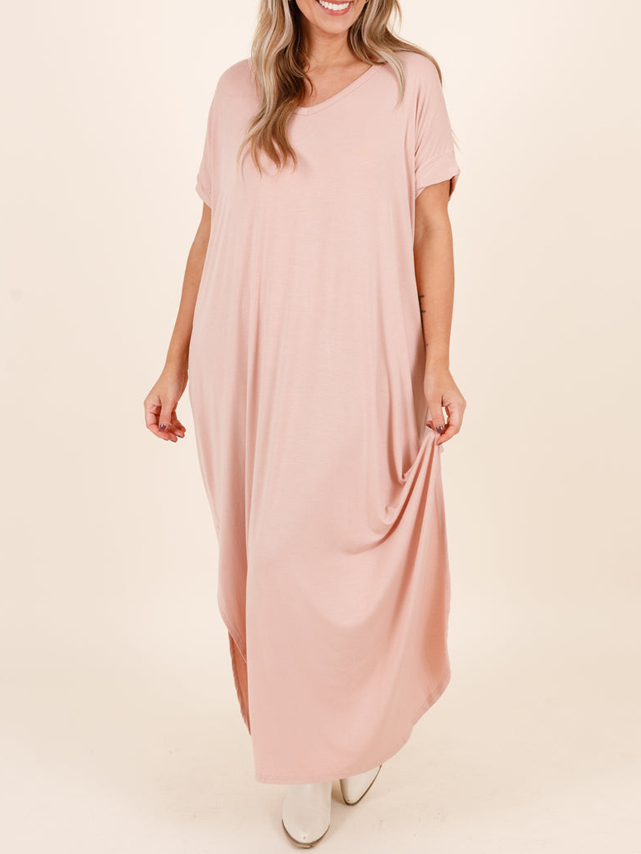 Short sleeved ultra long dress with curved split hem