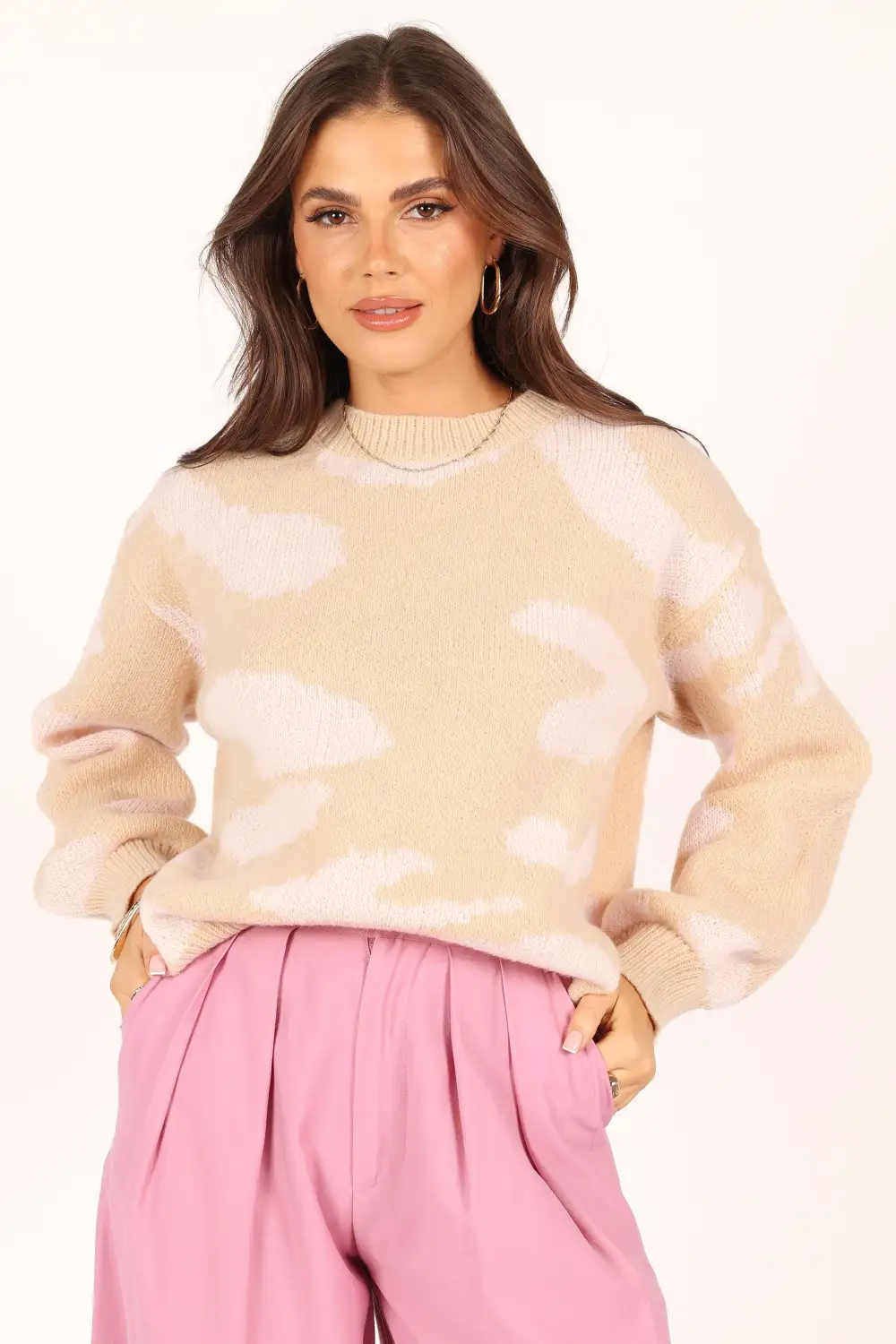 Cora Two Tone Print Knit Sweater - Beige