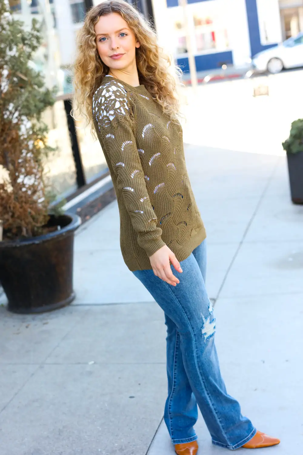 Holiday Casual Chic Olive Pointelle Lace Shoulder Knit Sweater