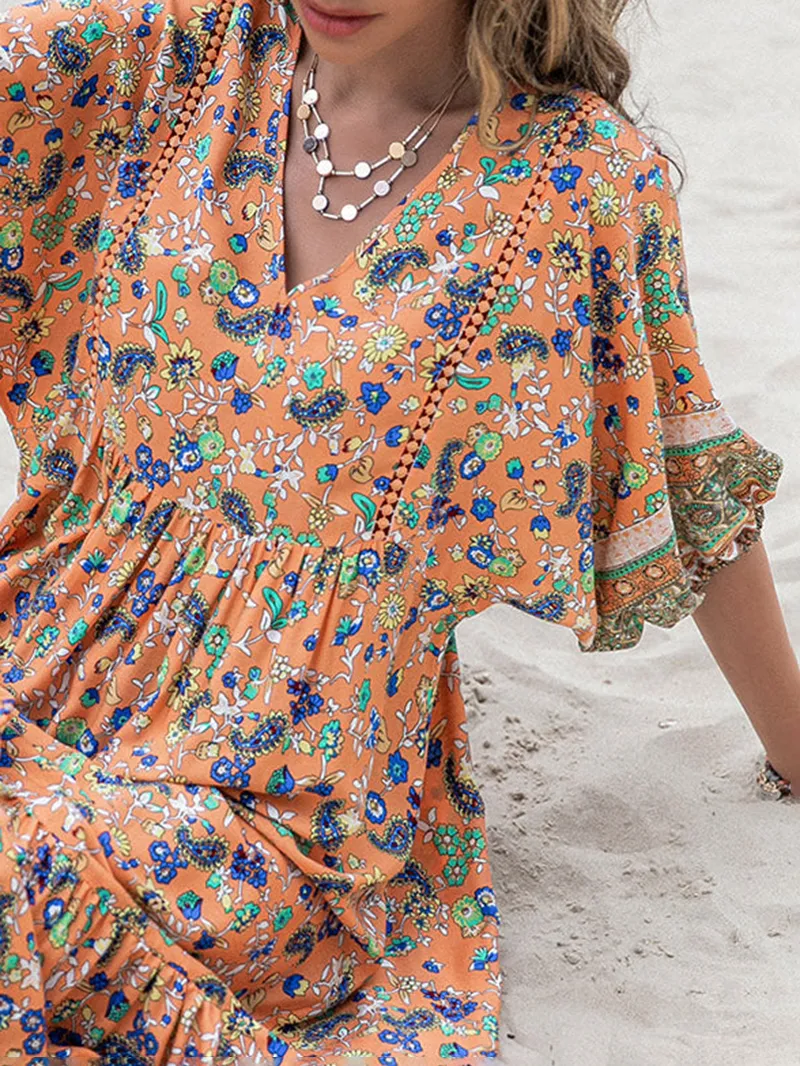 Printed V-Neck Short Sleeve Midi Dress