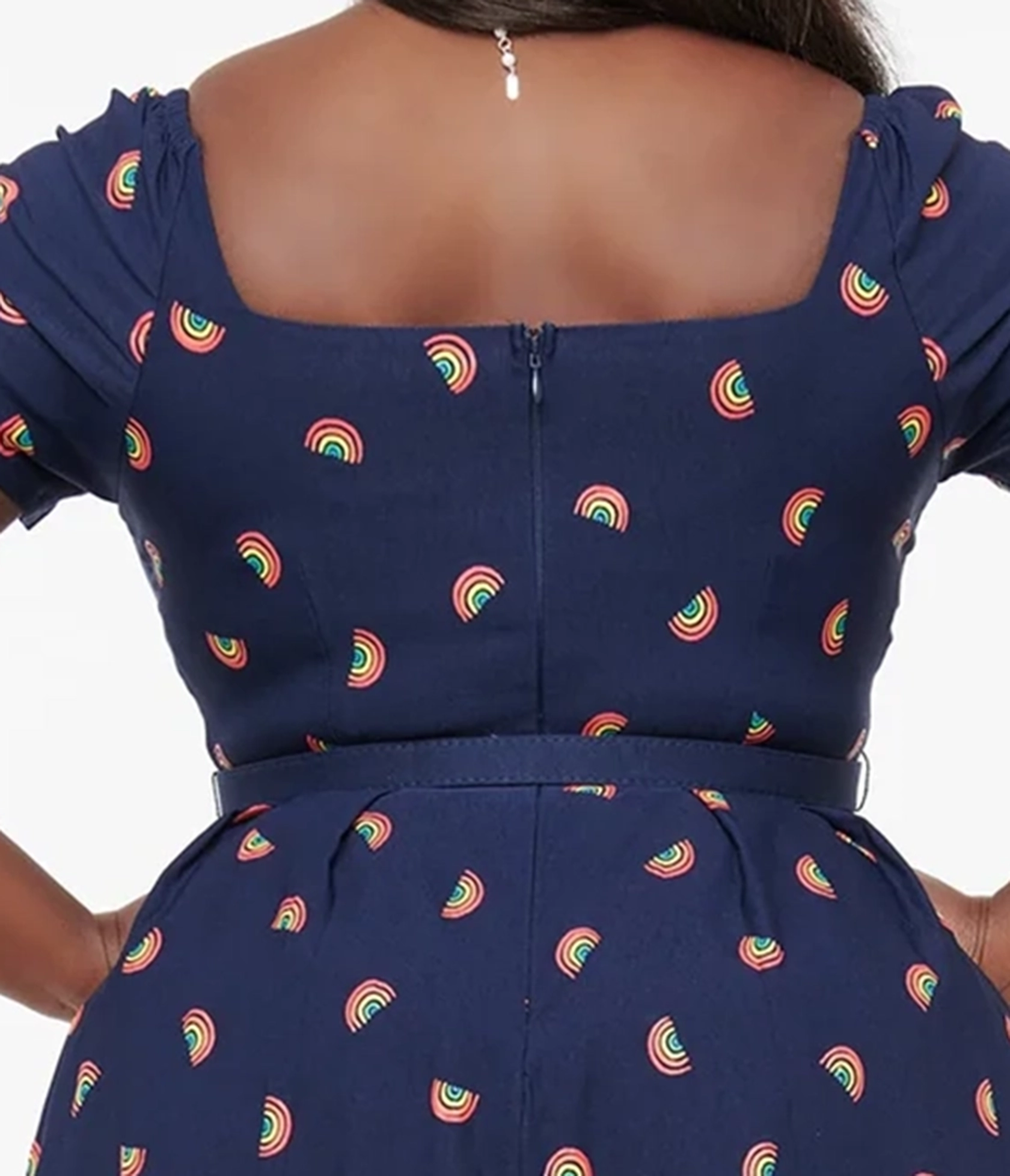 Unique Vintage Plus Size 1950s Navy & Rainbow Stamp Midge Swing Dress