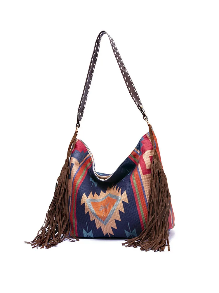 Women's Retro Ethnic Style Printed Tassel Shoulder Bag