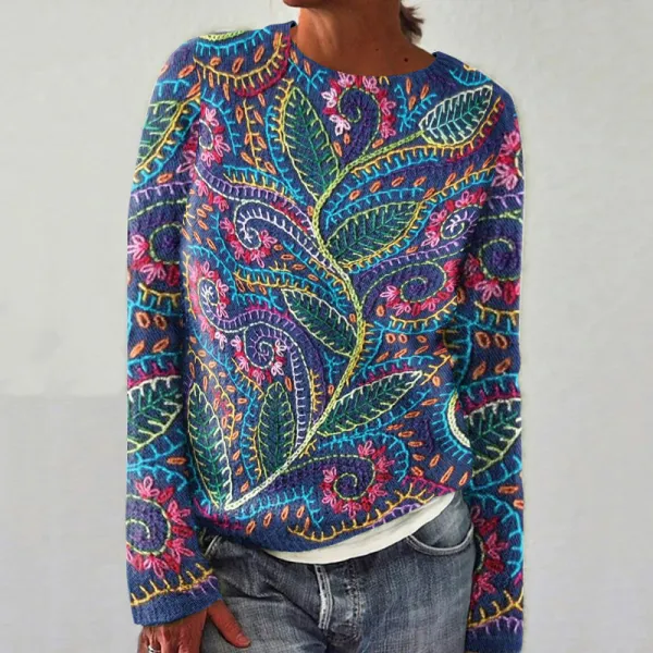 Vintage Embroidered Floral Print Crew Neck Sweater