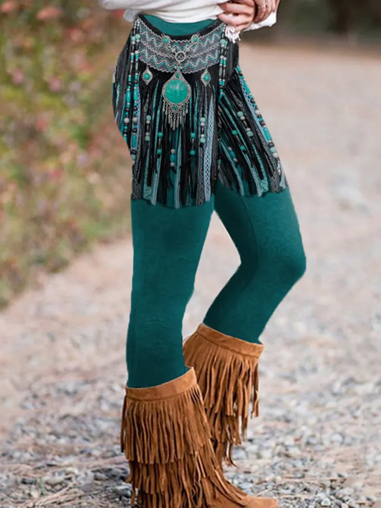 Western Tassel Print Casual Leggings