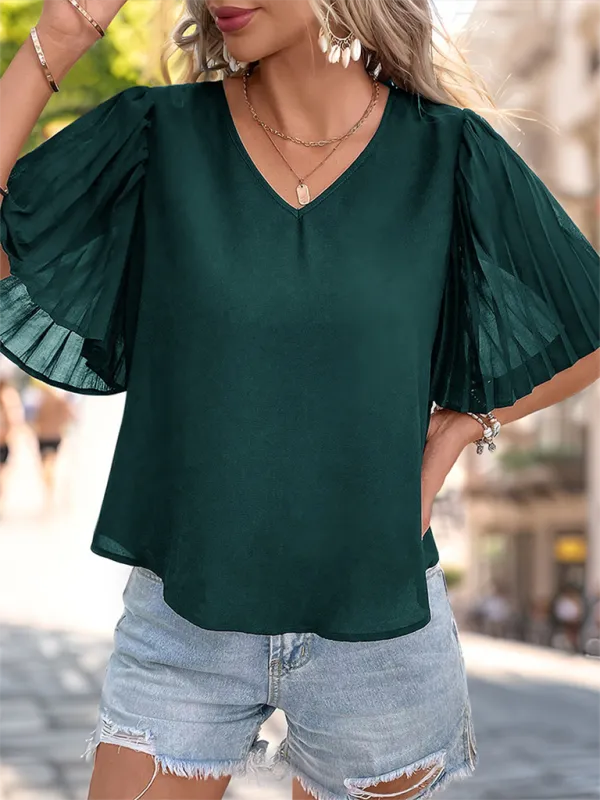 Women's solid color pleated short sleeve shirt