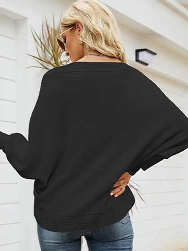 Loose Batwing Sleeves Twist Solid Color V-Neck Sweater Tops