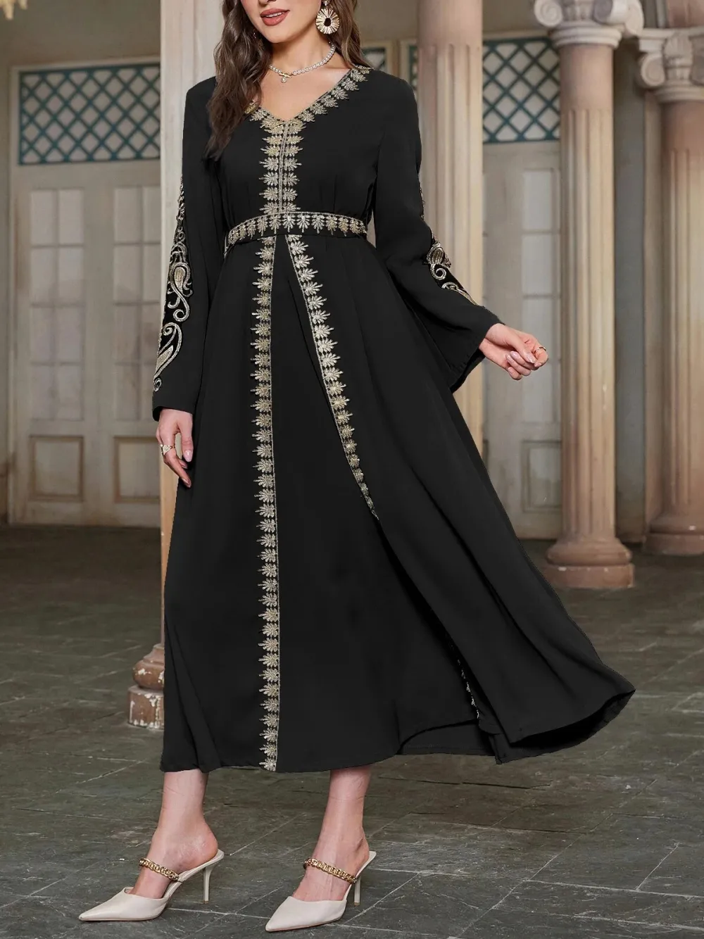 Black long sleeve embroidered dress