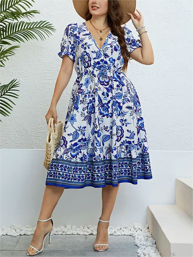 Plus Blue Floral Puff Sleeve Ruffle Hem Elastic Waist Midi Dress